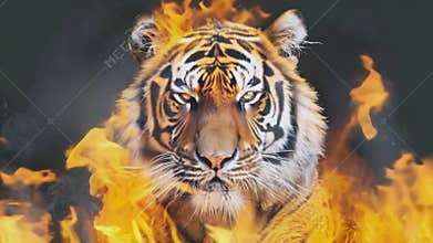 A courageous tiger framed by flames on a black background.