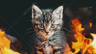 A courageous cat kitten framed by flames on a black background.