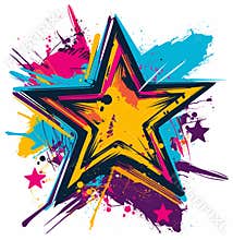 Colorful splashes and disintegrating five-pointed star with a dripping effect, stencil and paint graffiti