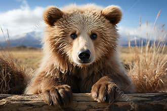 Curious bear making eye contact with the camera isolated on a clean white background
