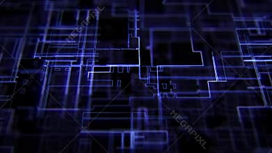 Digital background with transparent screen surface, glowing blueprint patterns and light impulses