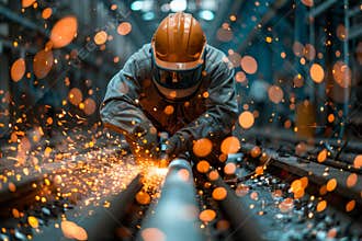 Factory worker in safety gear uses angle grinder to cut metal tube in industrial setting