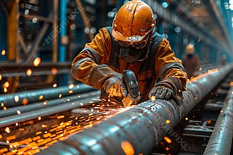 Industrial worker in safety gear using angle grinder in metal structure manufacturing