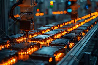Ev factory robot arms transport car battery modules for electric vehicle production
