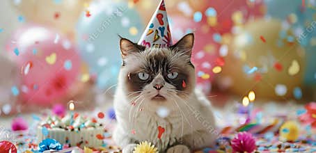Grumpy Cat Birthday Party Celebration With Confetti and Cake