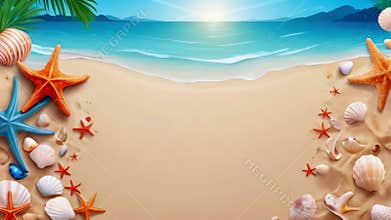 Animation Tropical beach with sea stars and shells in sand background with copyspace for text, Concept of summer