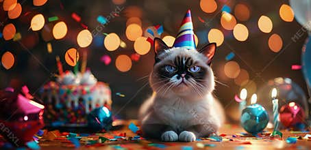 Grumpy Cat Wearing Party Hat at Birthday Celebration