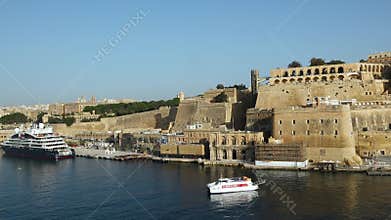 A Majestic View of Valletta&#x27;s Fortifications From the Grand Harbour. Valletta, the Capital City of Malta. The