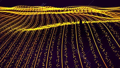 Abstract glowing waves with sparse particle stripes and bright golden lines on a dark background