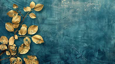 Grunge gold leaves tree branch on blue, teal textured background.