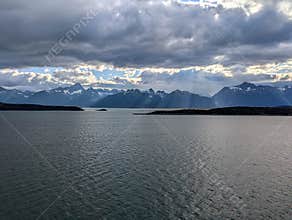 The scenery from a cruise ship leaving Skagway