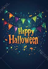 Colorful "Happy Halloween" Banner with Orange, Green, and Purple Bunting Flags on Deep Blue Background
