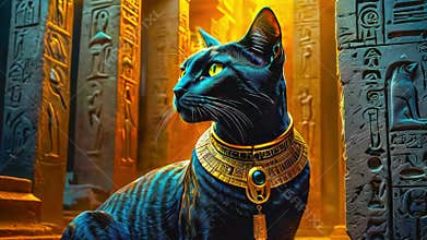 Golden Egyptian magical divine cat, cat in the temple of the Egyptian goddess Bastet