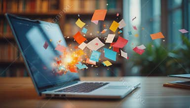 Laptop with floating digital files concept