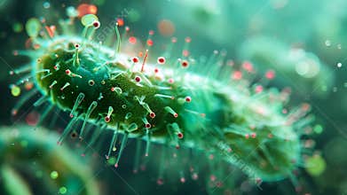 A green and red bacteria with a long stem