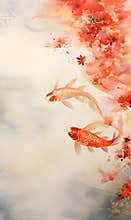 Traditional Chinese painting of koi carp swimming in a pond.