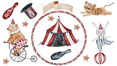 Circus watercolor. Hand drawn big set cute animals on isolated white background. Clip art of bear on bicycle, bunny on