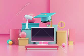 Abstract graduation hat with computer books on pink background. Online education concept.