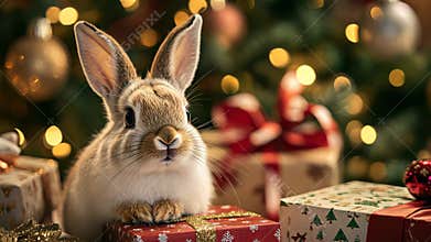 Close-up of beautifully wrapped Christmas gift boxes with intricate ribbons, as a curious rabbit peeks out from behind