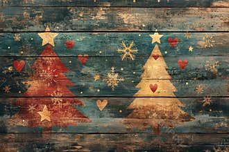 christmas tree clipart, charming wooden christmas tree clipart with hand-drawn stars, hearts, and snowflakes in gold