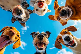 A group of dogs looking up at the camera
