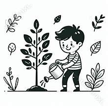 Cartoon Character Planting Tree with a Smile for Environmental Message