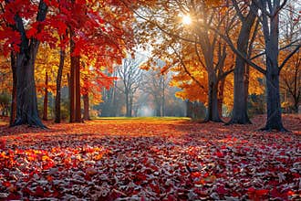Breathtaking autumn park showcasing vibrant trees bathed in warm sunlight and natural beauty