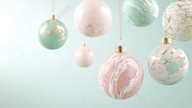 Stylish christmas baubles with marble and gold texture hanging on a pastel green background. Minimalistic christmas
