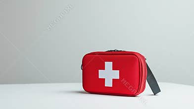 Essential First Aid Kit with White Cross on Table for Emergency Preparedness and Safety, healthcare concept