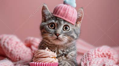 adorable cat with party hat and confetti for birthday party