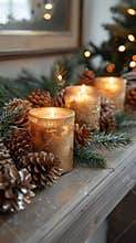 Cozy holiday mantel decorated with sparkling candles and natural pine cones for festive ambiance