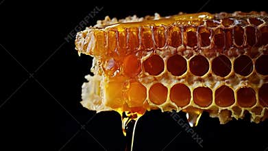 Honeycomb dripping golden honey on black background, close-up macro photo