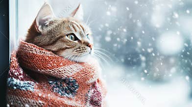Cat wrapped in a cozy scarf sitting by a window, gazing outside at falling snow on a cold winter day
