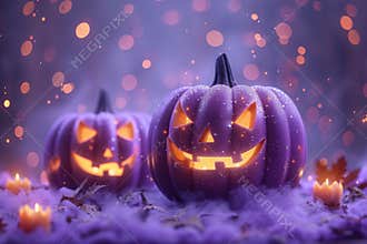 Spooky halloween background featuring hanging jack o lanterns and carved pumpkins on lilac