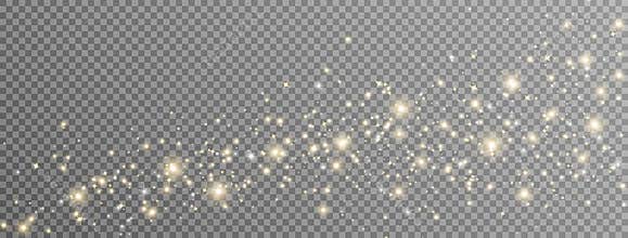 Golden glitter light and star wave. Christmas banner with glow particle. Magic sparkle gold bokeh. New Year luxury