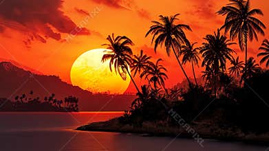 Tropical sunset over palm-lined island, vibrant orange hues. Exotic travel and relaxation concept