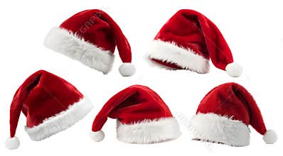 Set of red furry christmas xmas santa claus hat on transparent background cutout, PNG