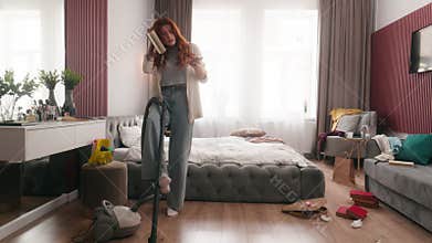 Home cleaning multitasking busy hurry woman lady female housewife businesswoman homeowner housekeeping chore mess in