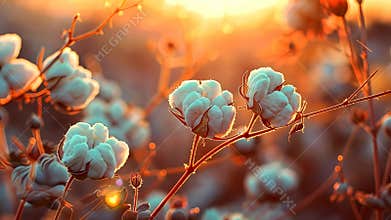 Cotton bolls at sunrise with soft golden light, nature detail. Autumn harvest and rural landscape concept