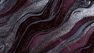 Abstract painting with silver and burgundy acrylic paint mixing together creating a marbled effect with glitter