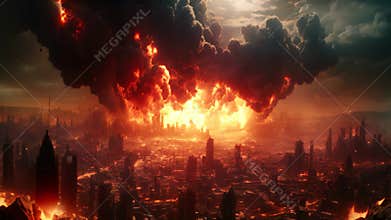 A sprawling metropolis is consumed by a raging fire, with billowing smoke filling the sky, World collapse, doomsday scene depicted