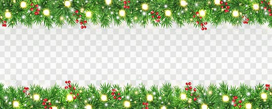 Christmas garland border. Green fir branches with golden stars, red berries, glitter light frame. Winter Holiday