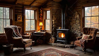 Cozy Cabin Living Room with Stone Fireplace and Autumn Forest View Through Large Windows