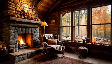 Cozy Cabin Living Room with Stone Fireplace and Autumn Forest View Through Large Windows