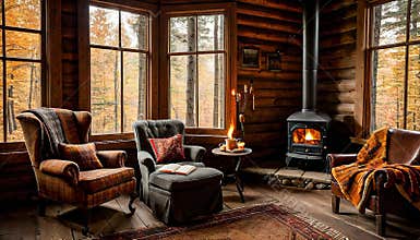 Cozy Cabin Living Room with Stone Fireplace and Autumn Forest View Through Large Windows