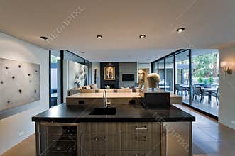 Modern Kitchen With Living Room And Porch Behind
