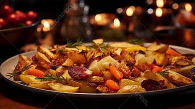Serving plate overflowing with roasted christmas vegetables