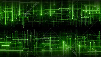 Seamless loop animation of flying through abstract digital space with glowing green lines patterns