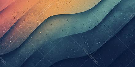 An abstract design with layered wavy lines in a gradient from orange to dark blue with a speckled texture overlay.