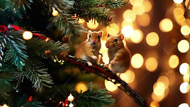 Two cute mice kissing on christmas tree branch